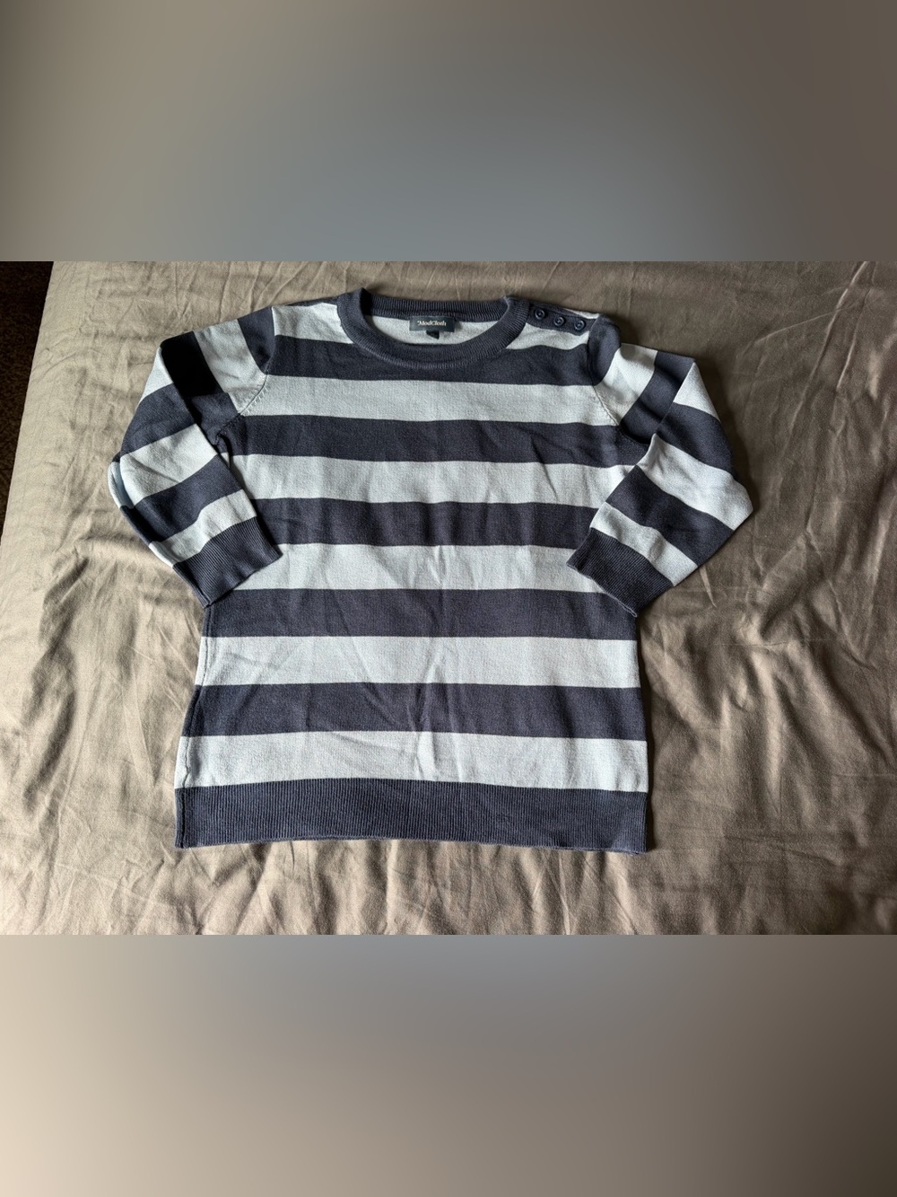ModCloth Navy and Light Blue Striped Button-Shoulder Crewneck Sweater